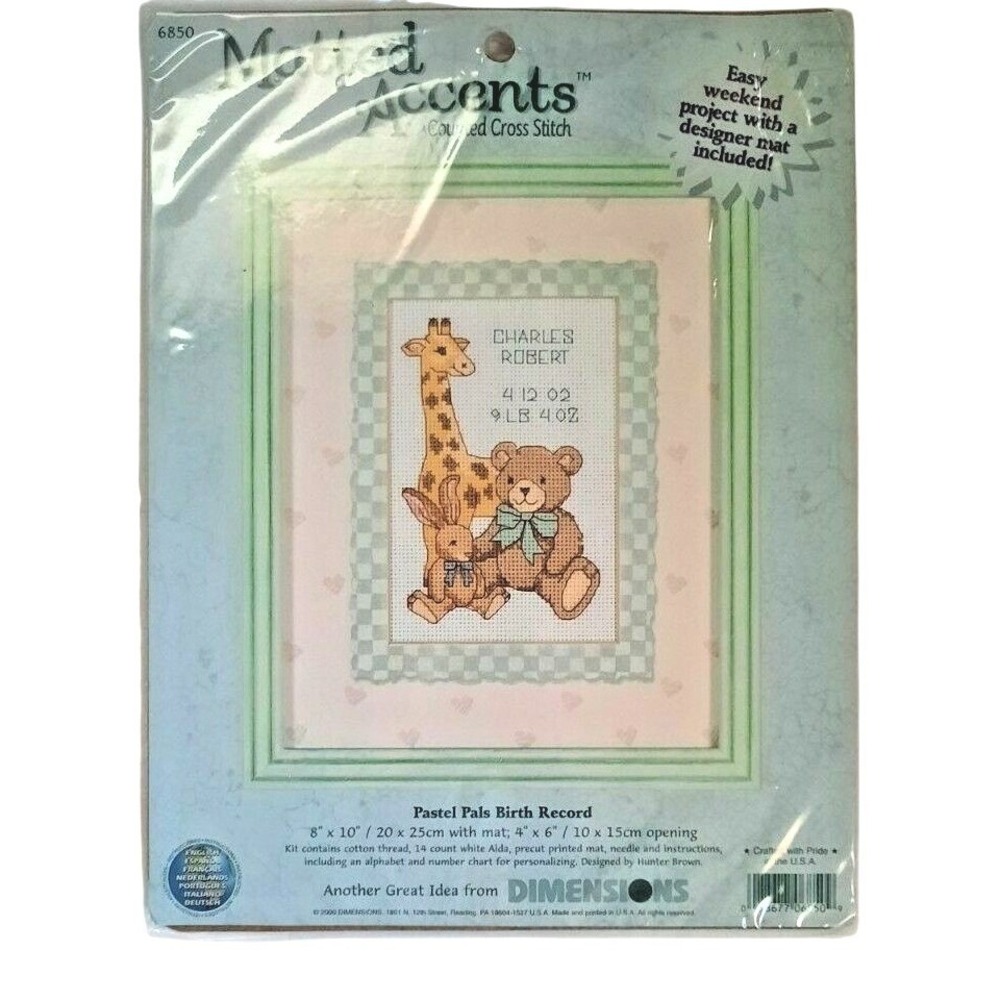 Dimensions Pastel Pals Birth Record Counted Cross Stitch Kit Matted Accents 6850